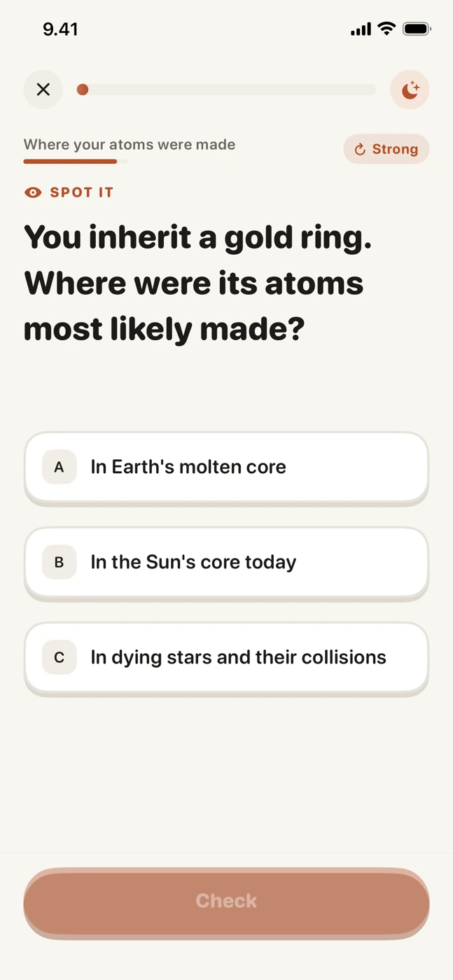 Curio quiz asking where the atoms in a gold ring were made